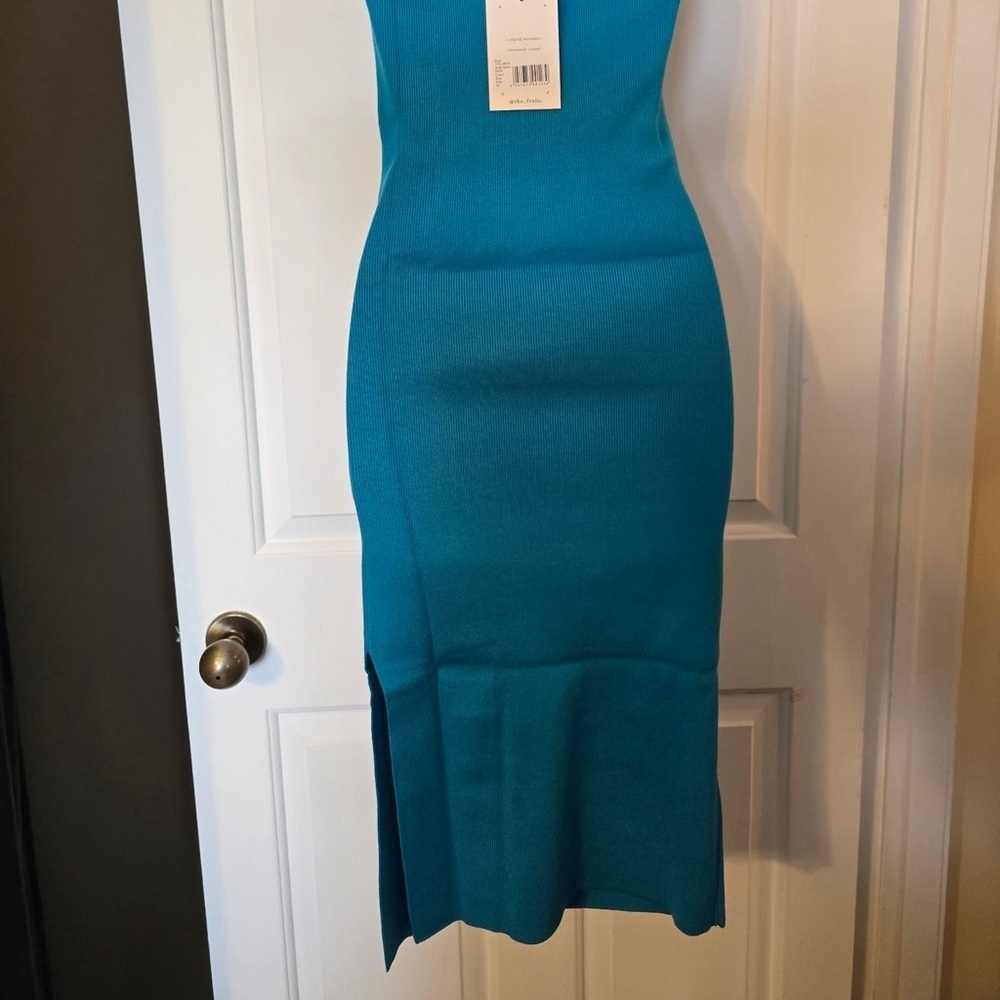 The Frolic Blue Knit Woman’s Rhea Bodycon Dress Medium NWT Slit Halter Bandeau - Picture 8 of 10